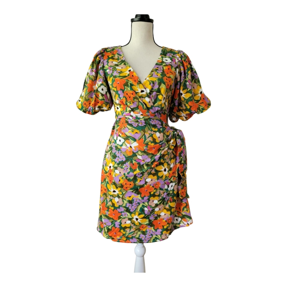 Petal & Pup Flourish Puff Sleeve Mini Wrap Dress Size XS‎ New